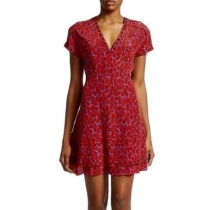 Derek Lam 10 Crosby Nwot Red Silk Blend Floral Mini Dress V-Neck Fit & Flare S